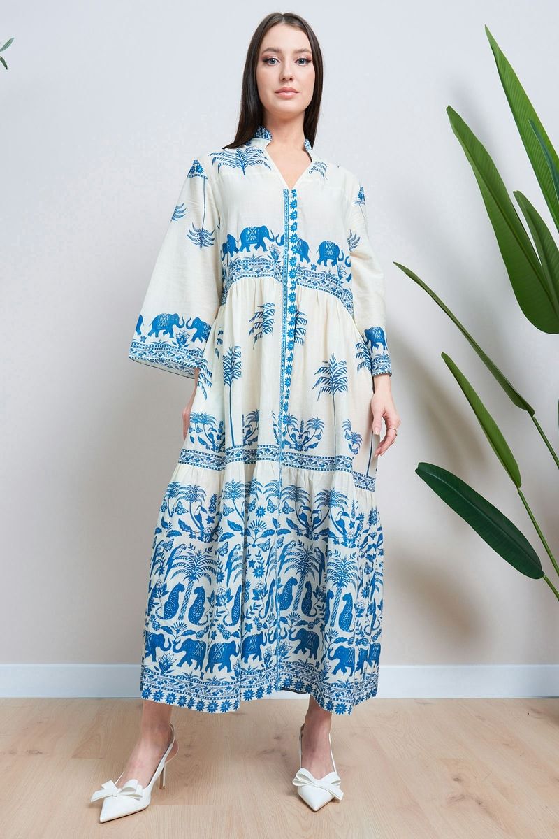 White Blue Placement Print Maxi Dress