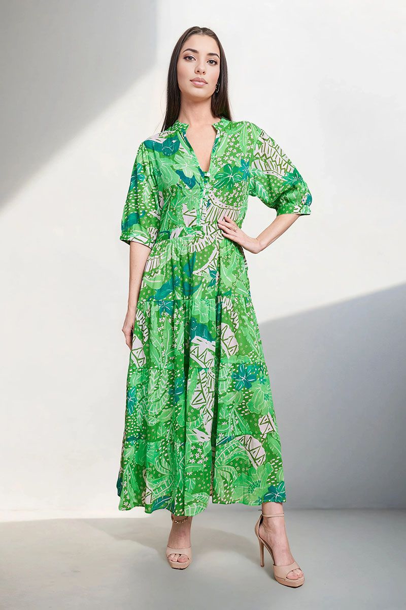 Green Botanical Printed Tiered Maxi Dress