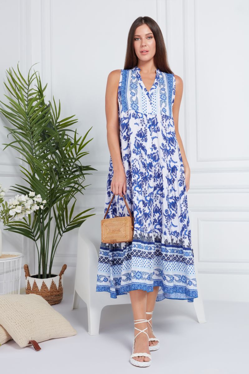 Blue White Sleeveless Printed Midi Dress
