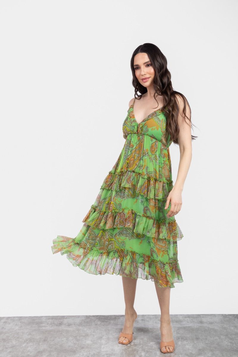 Green Printed Multi Tiered Midi Dress