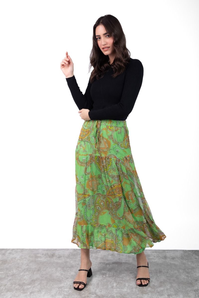 Ankle Length Paisley Print Green Skirt