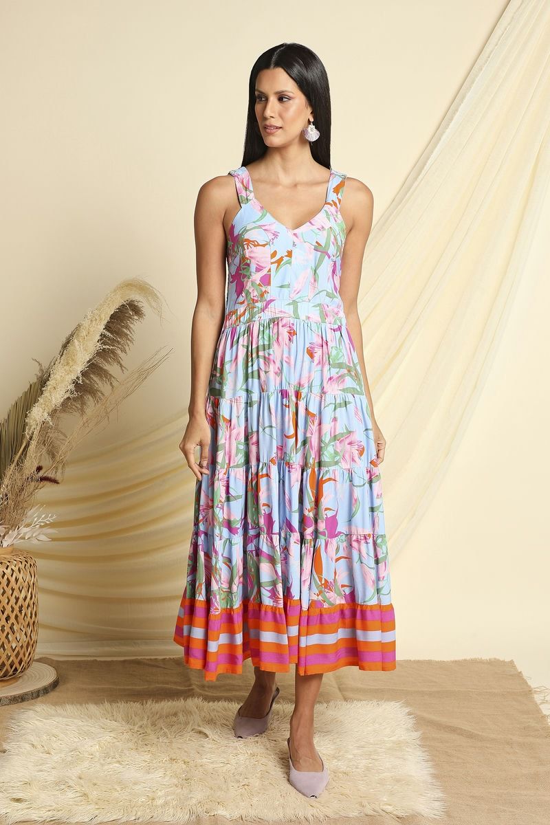 Botanical Printed Sleeveless Tiered Midi Dress