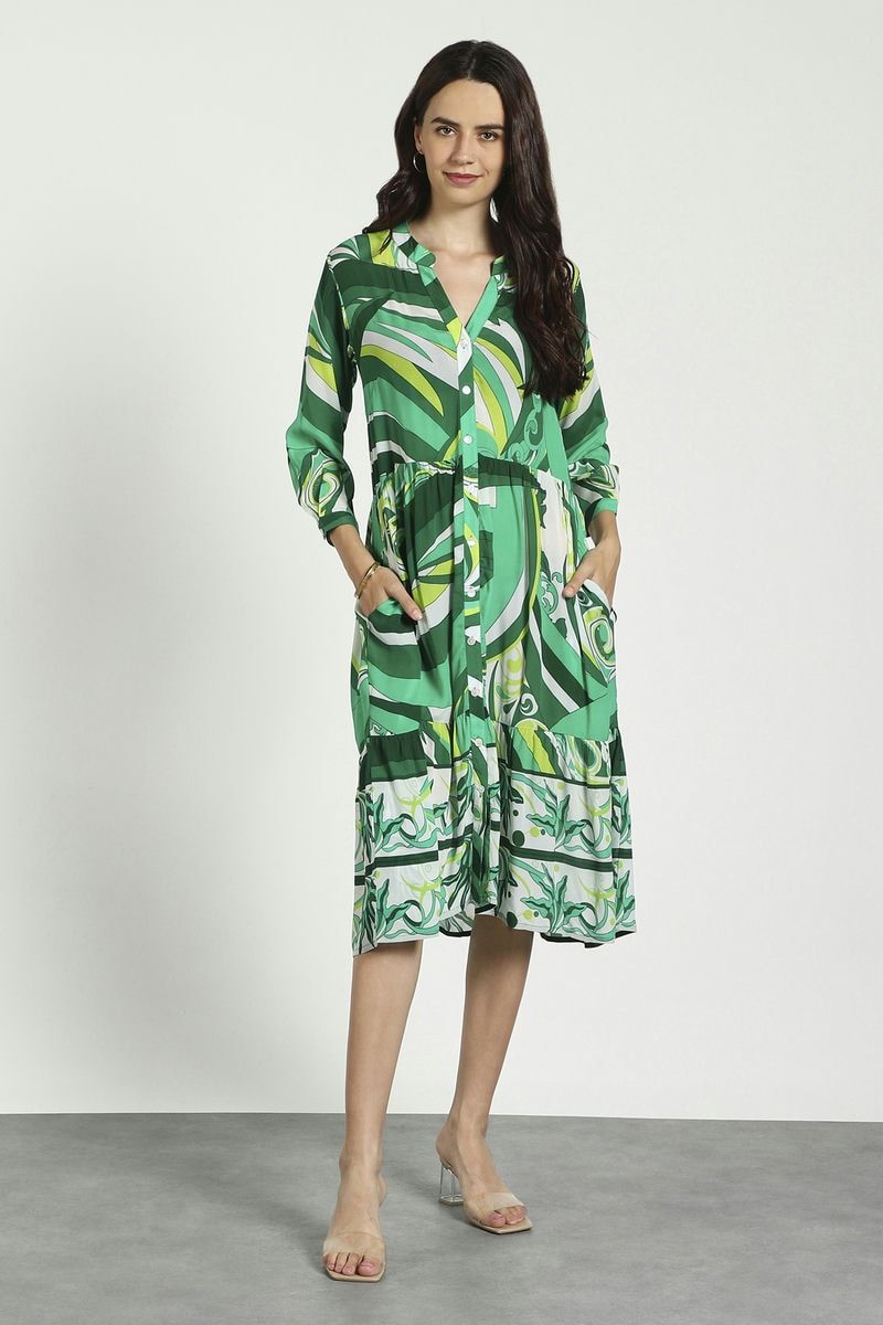 Green A-line Printed Midi Dress