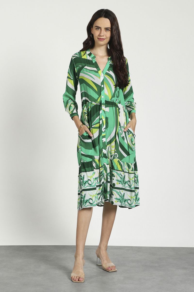 Green A-line abstract print dress