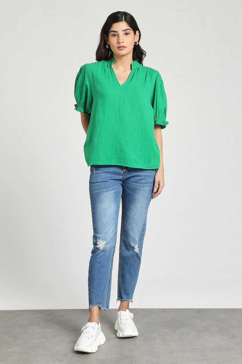 Green Gauze blouse with puff sleeves