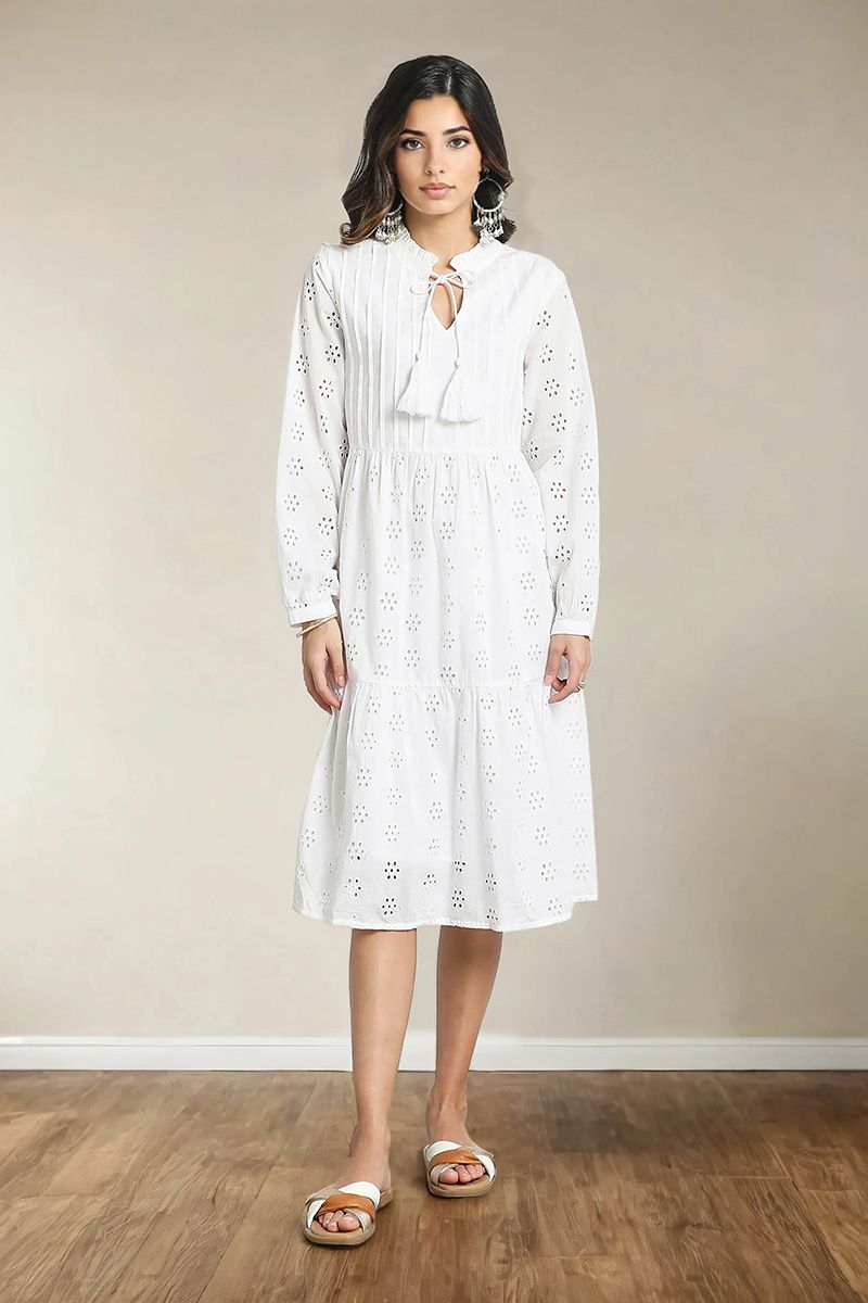 White Long Sleeves Schiffli Dress