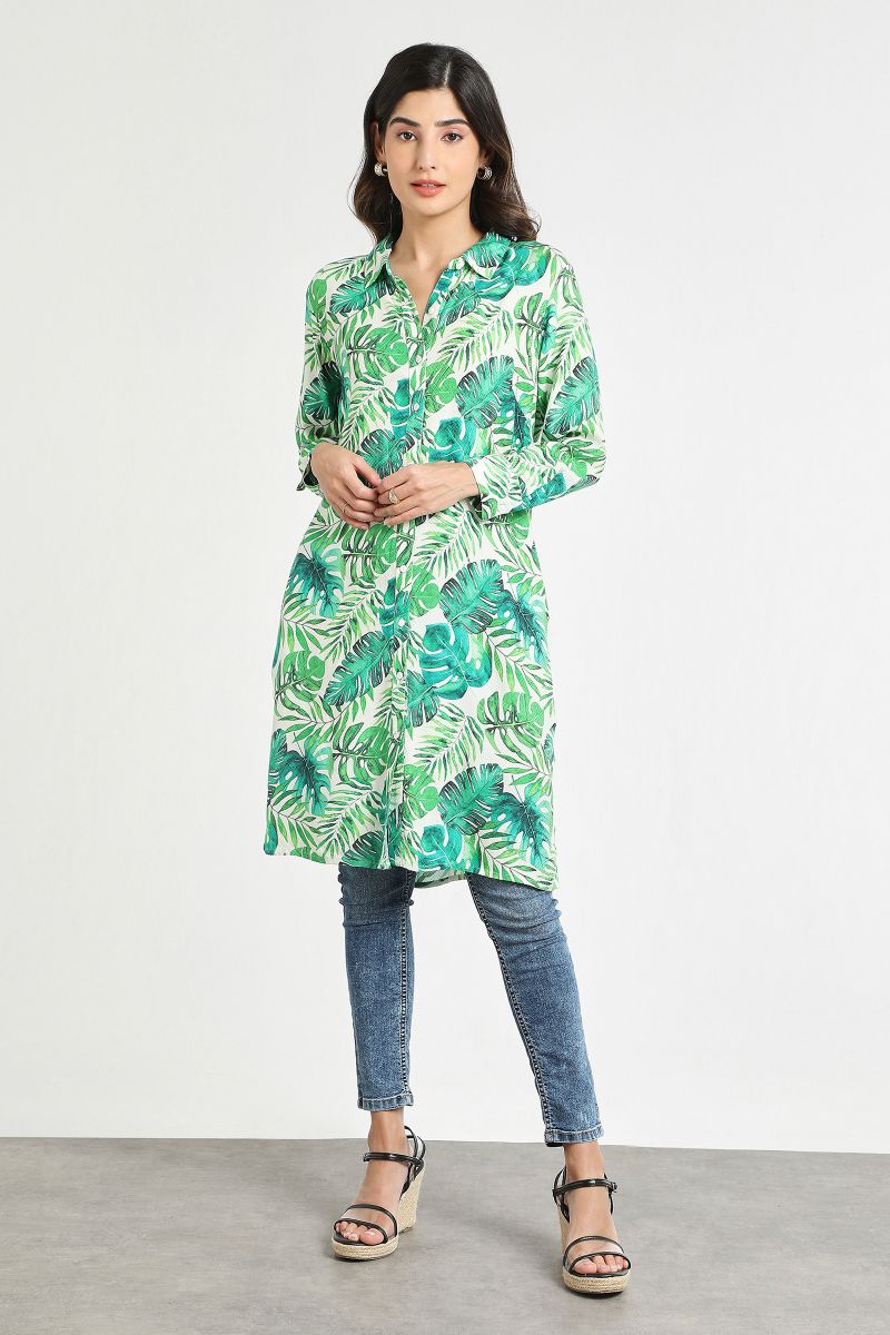 Green and white leaf printed midi shirt dress