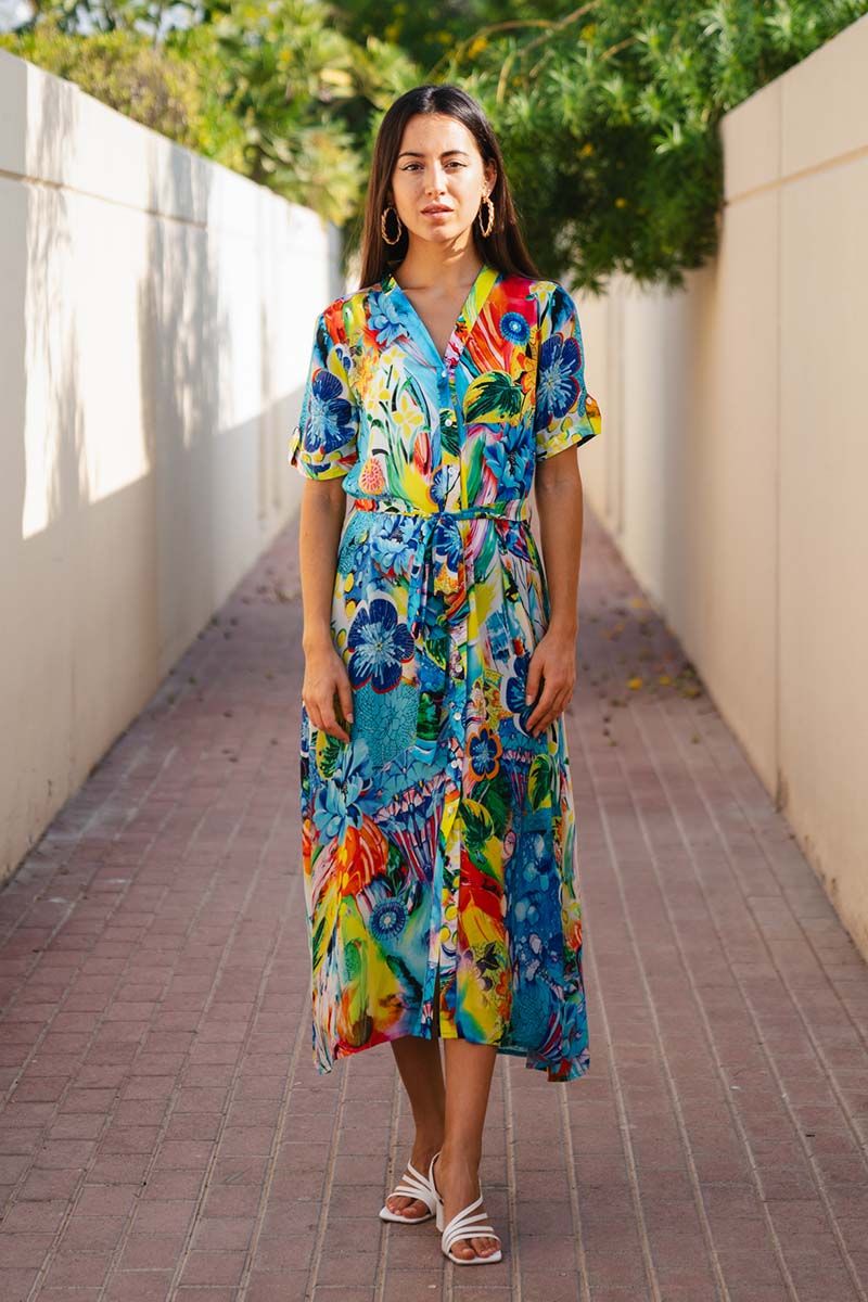 Blue Yellow Printed Midi Shirt Dress with Belt