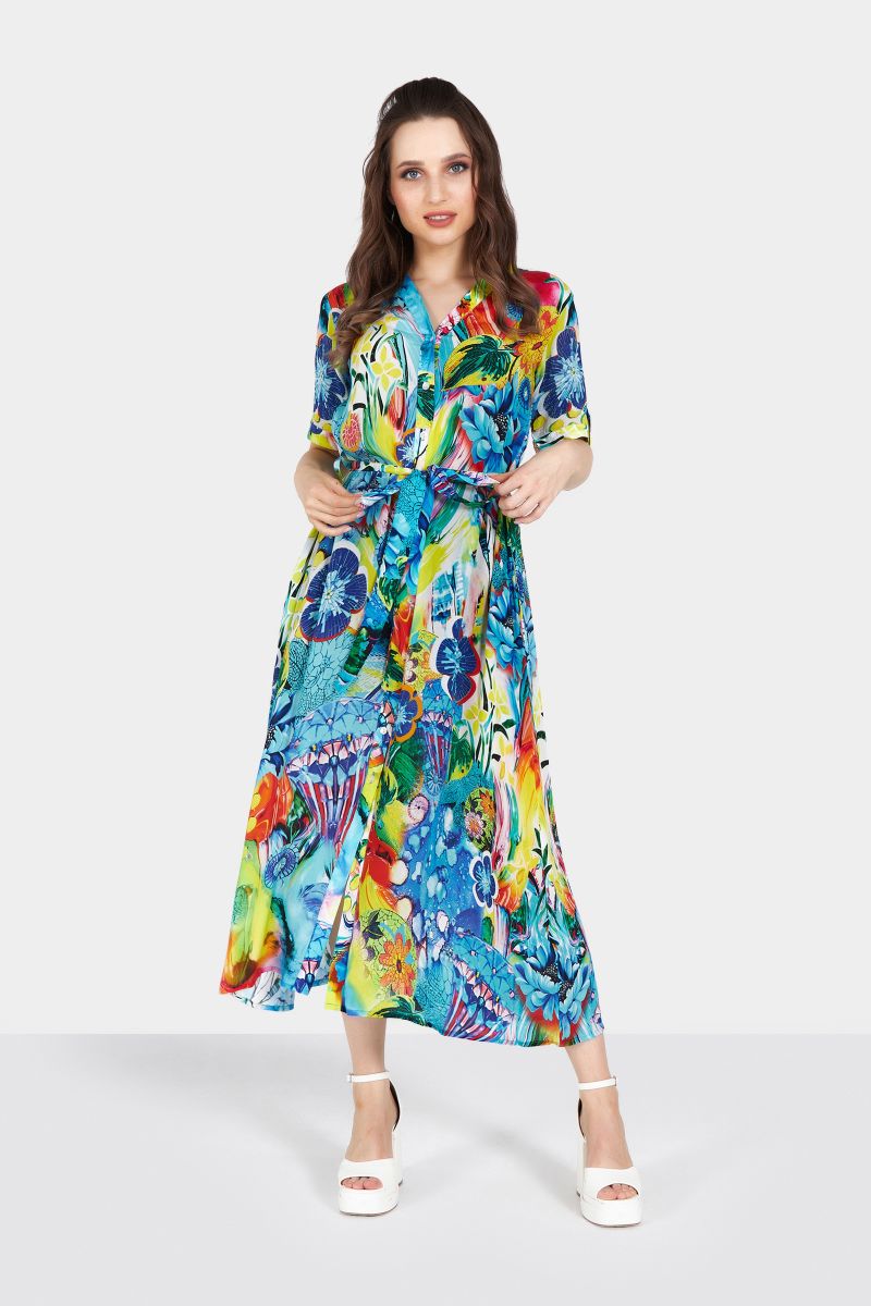 Blue and Yellow All Over Printed Midi Shirt Dress with Belt