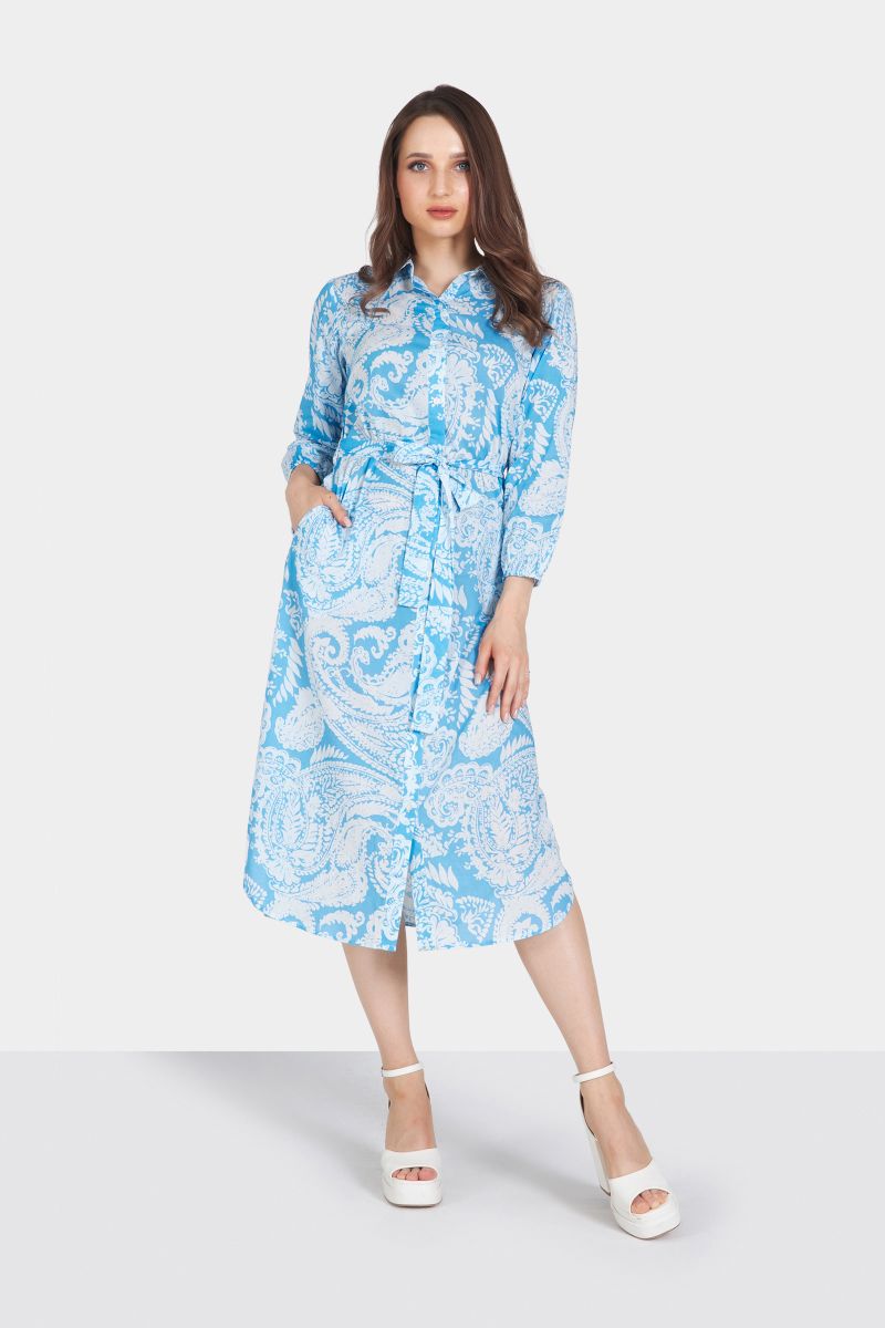 Blue and White Paisley Printed Shirt Dress with Belt