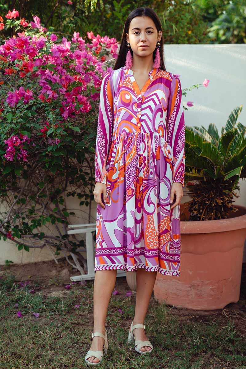 Pink Orange Printed Midi Dress