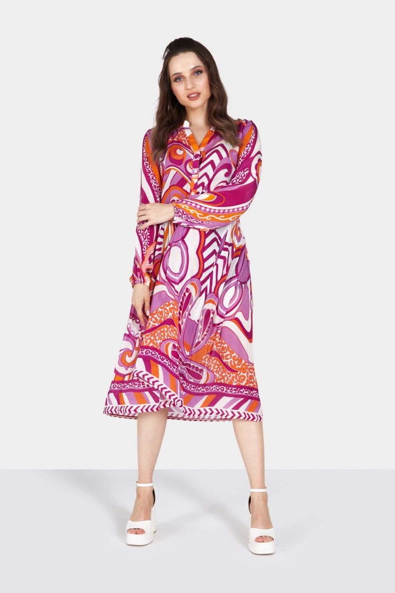 Pink and Orange Printed Long Sleeve Midi Dress with Gathers