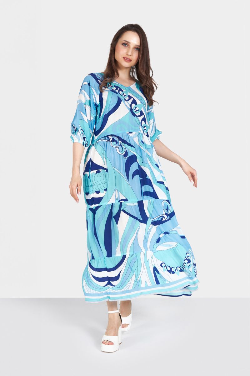Blue and White Abstract Printed Midi Dress with Gather Detailing