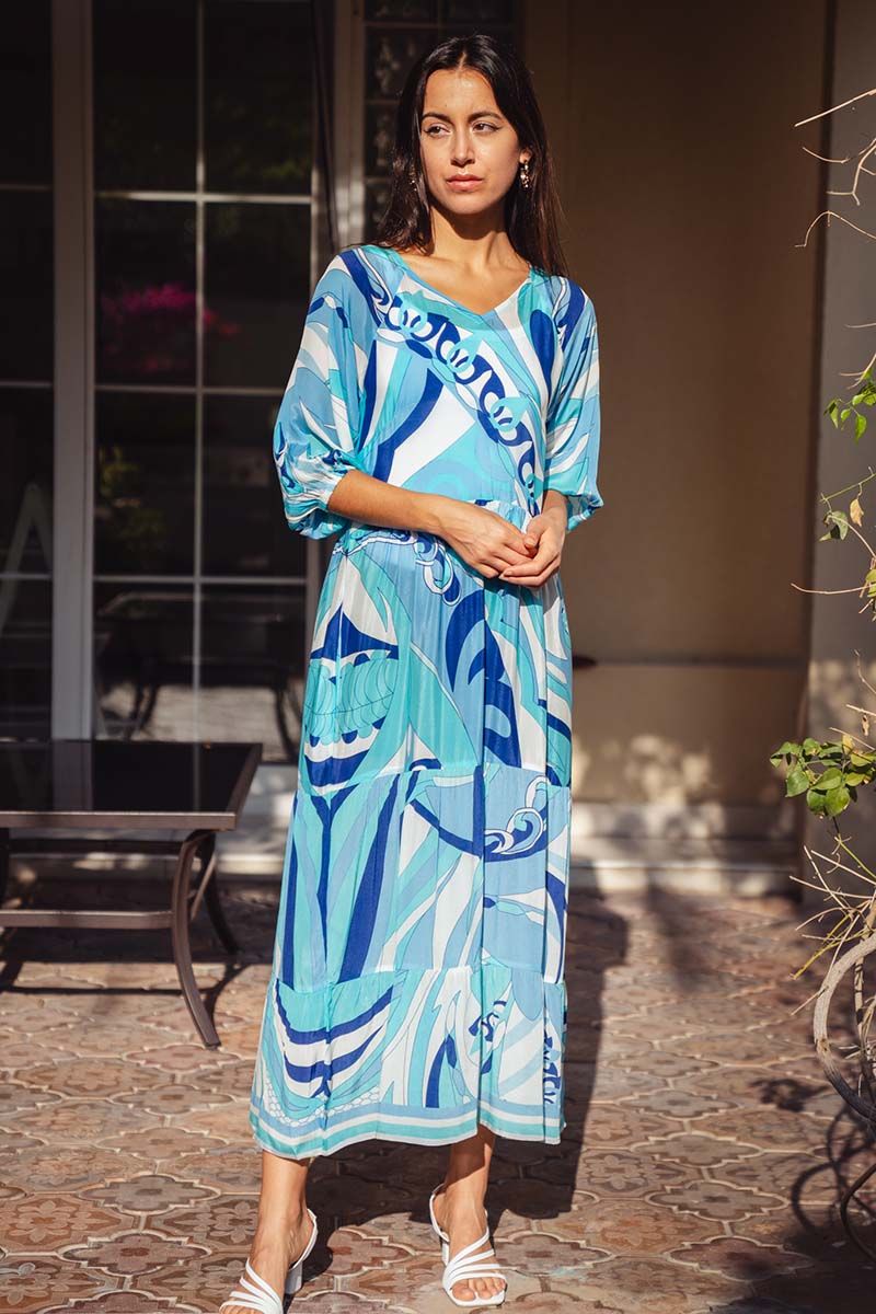 Blue White Abstract Midi Dress