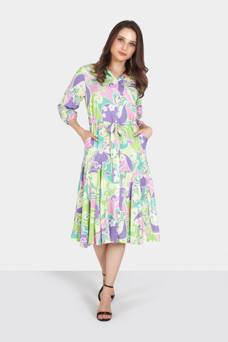 Green and Purple Multicolored Printed Midi Dress with Belt