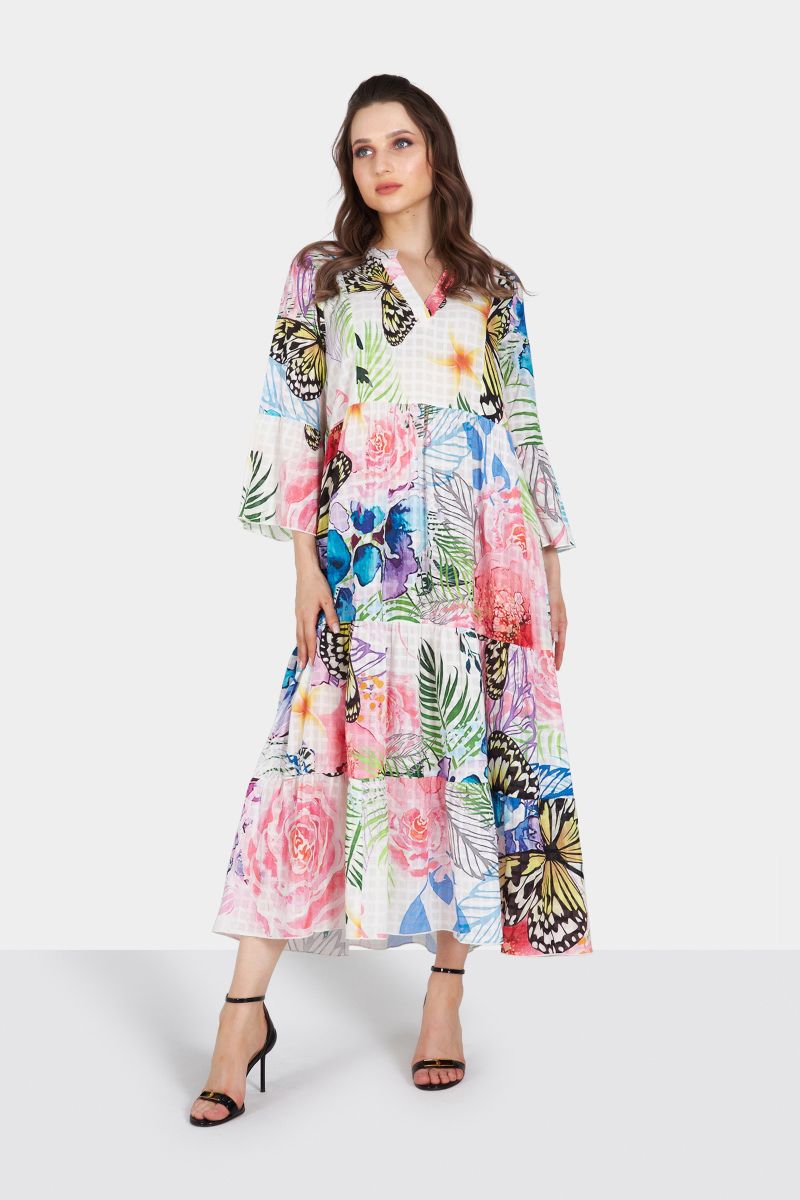 White Multi Color Butterfly Long Sleeve Printed Midi Dress with Gather Detailing