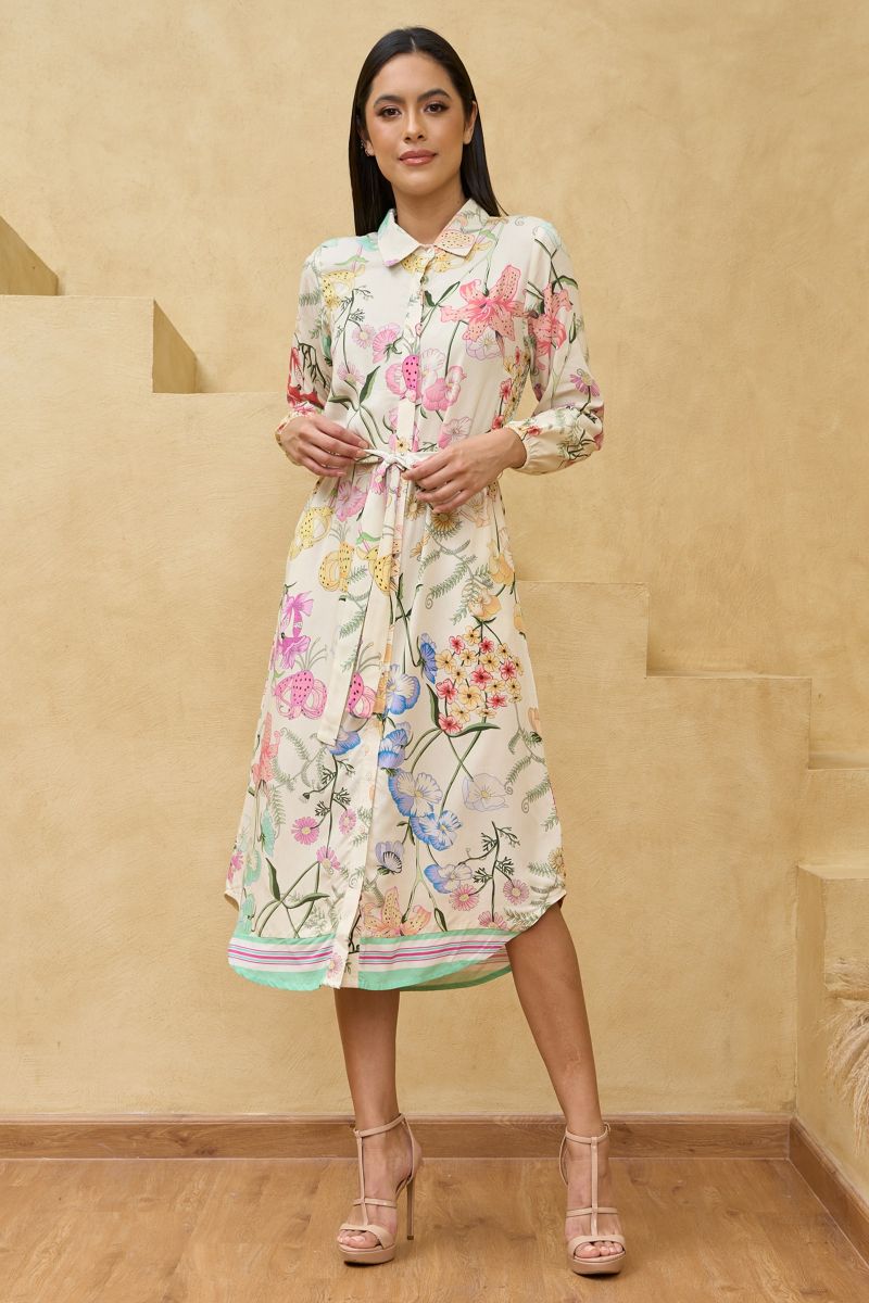 Multicolored Printed Midi Shirt Dress with Belt Detailing