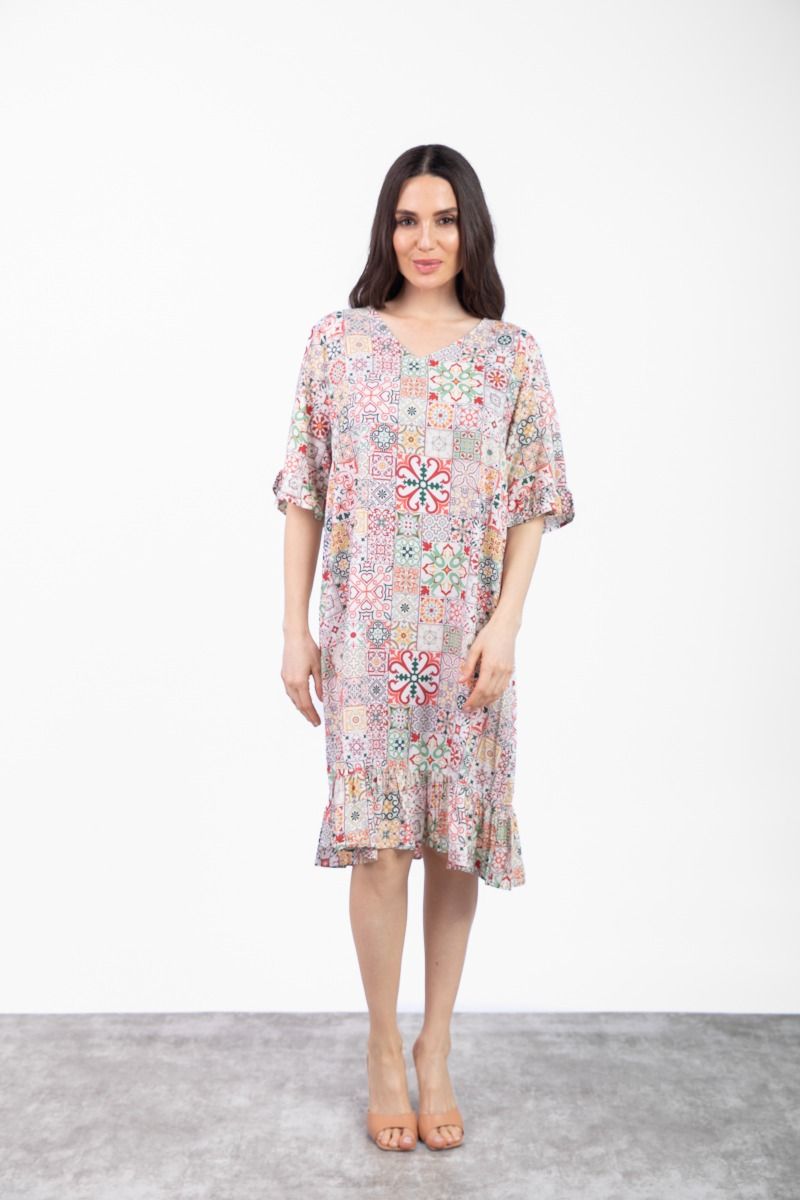 Multicolor Printed Short Sleeve Midi Dress