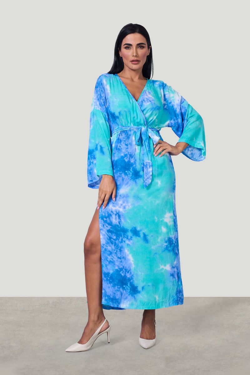 Sky Blue Long Sleeve Tie-Dye Midi Dress