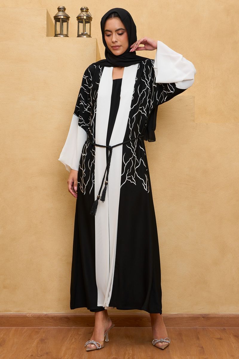 Black Silk Abaya with Abstract Embroidery and Sheila