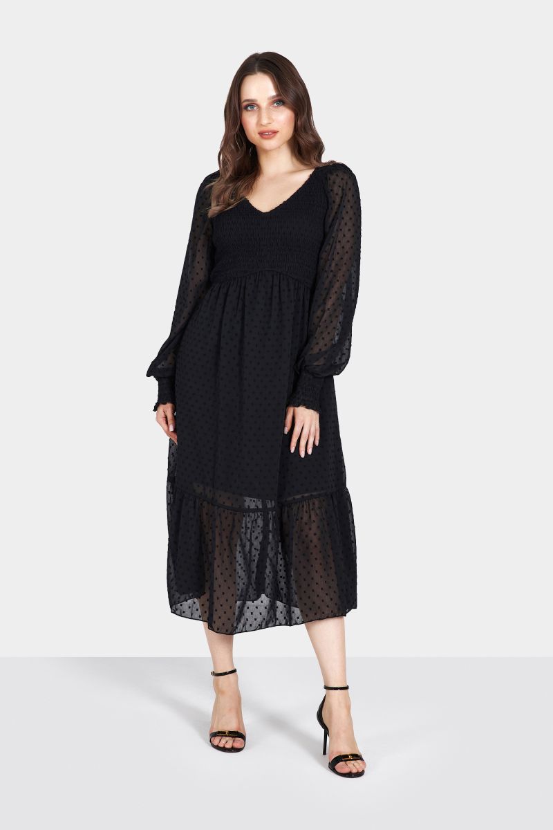 Black Long Sleeve Textured Midi Dress