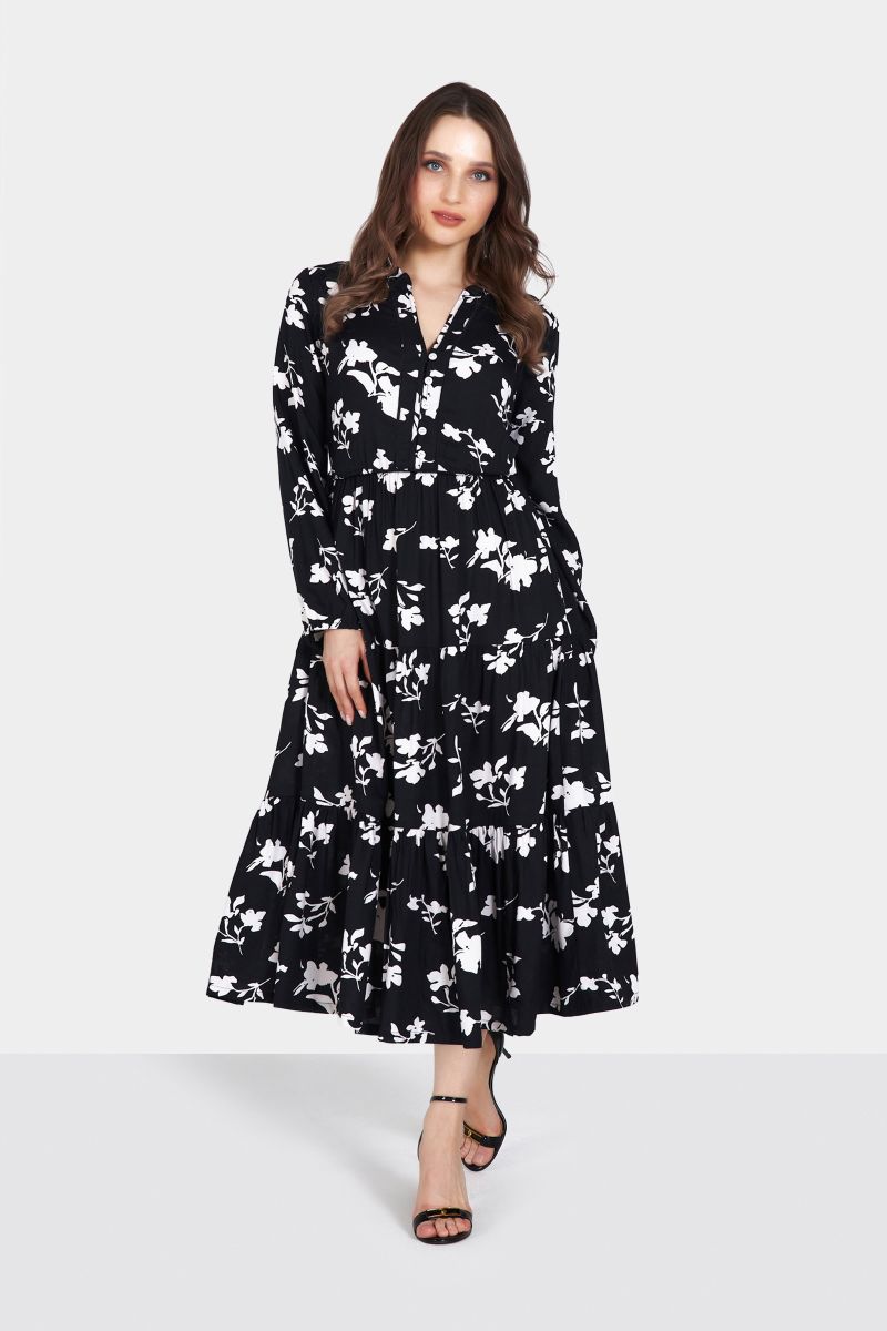 Black and White Long Sleeve Floral Printed Maxi Dress