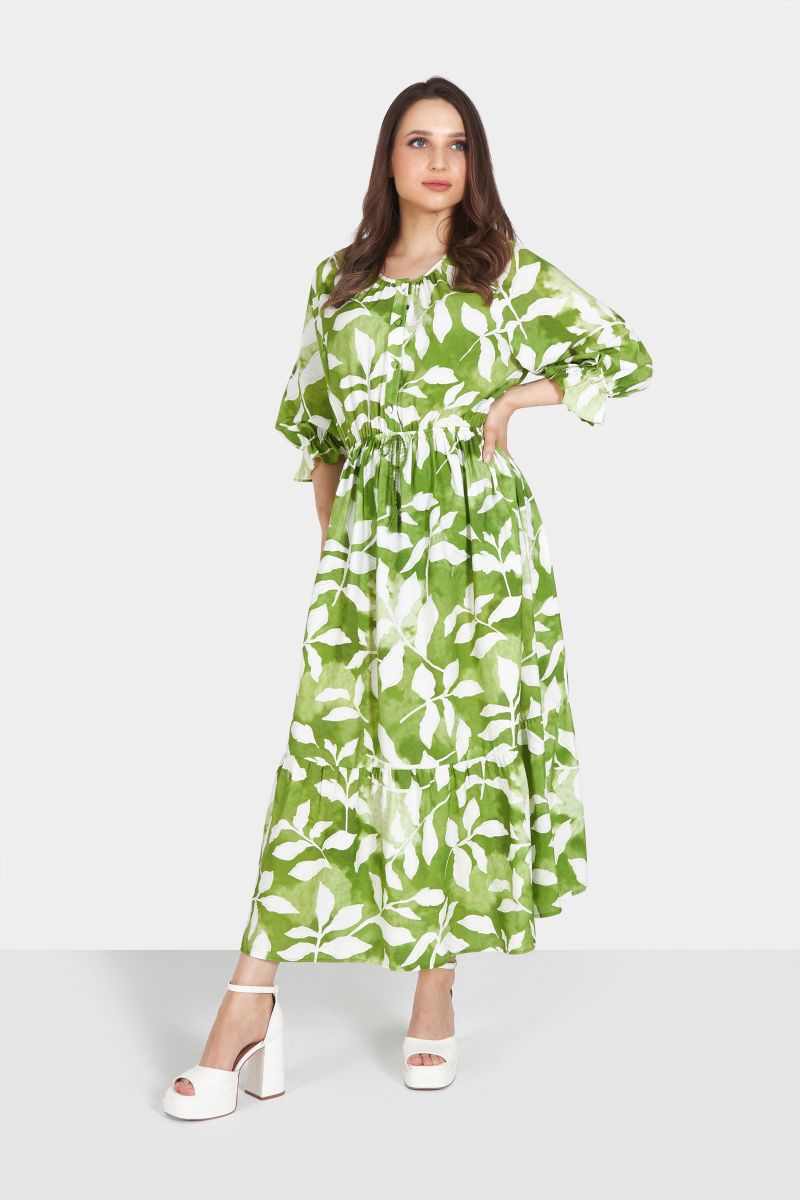 Green and White Printed Midi Dress with Front Rouching