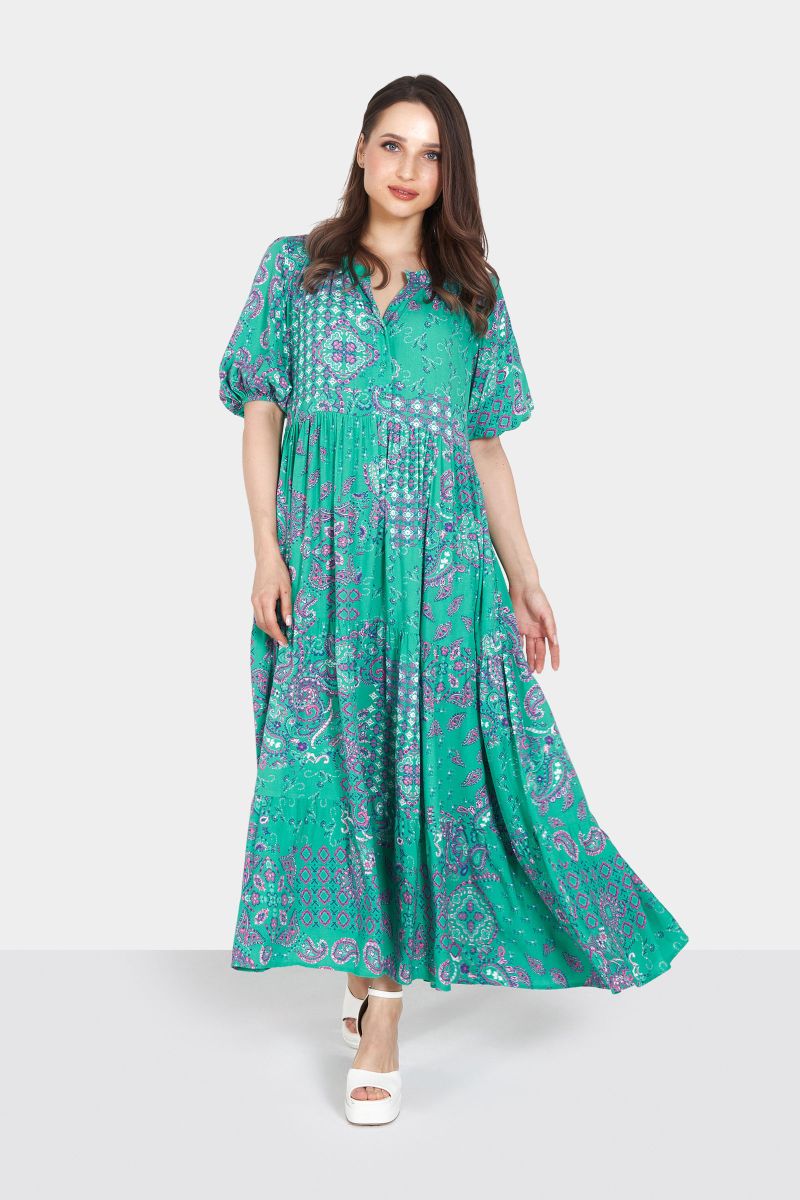 Blue and Pink Paisley Printed Tiered Maxi Dress