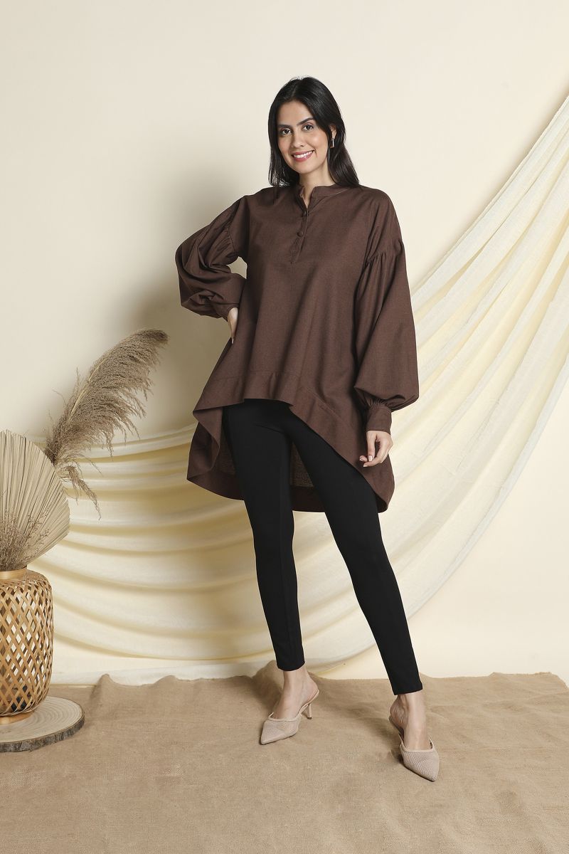 Brown Linen High-Low Assymetric Shirt