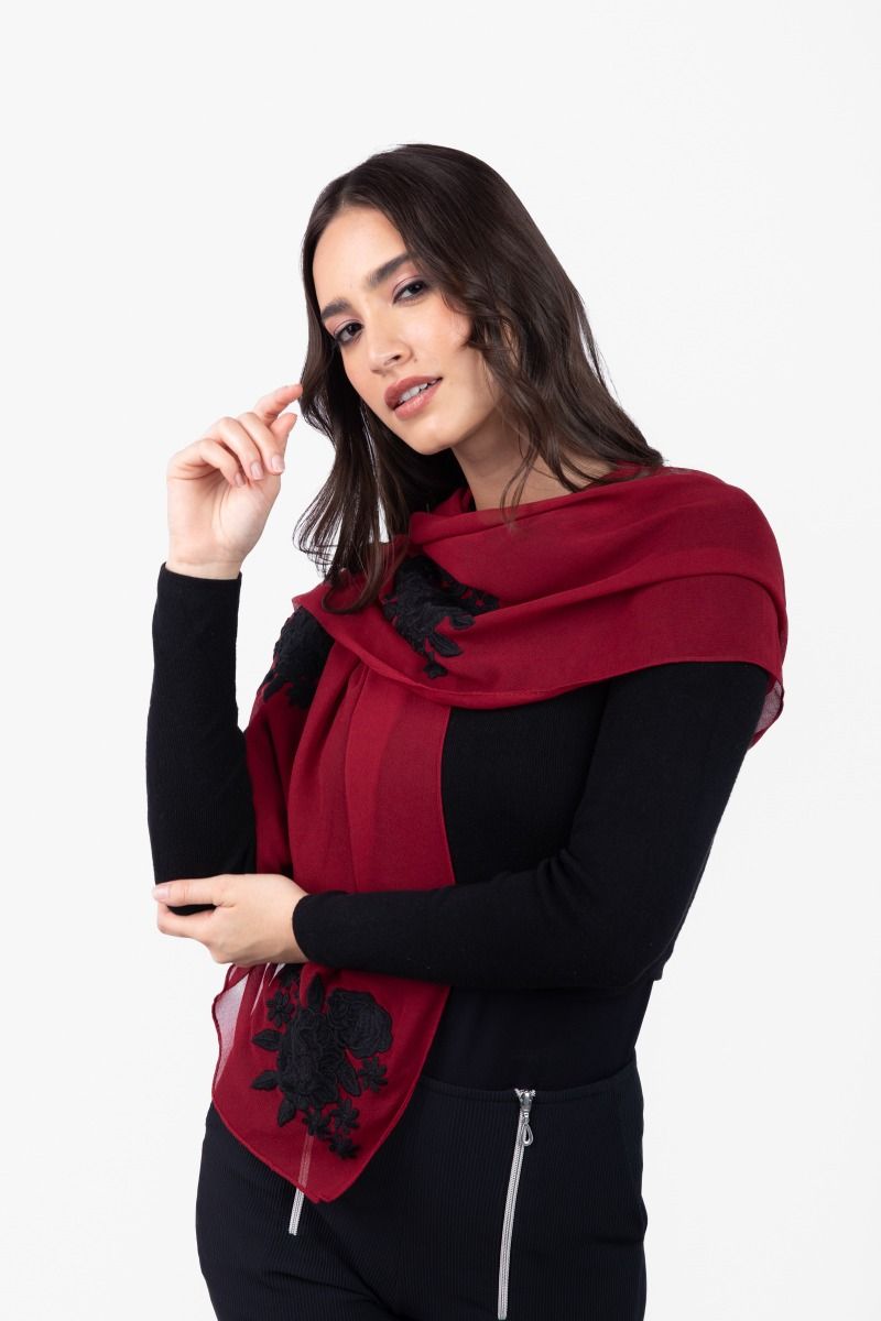 Red Scarf Embroidered With Black Roses
