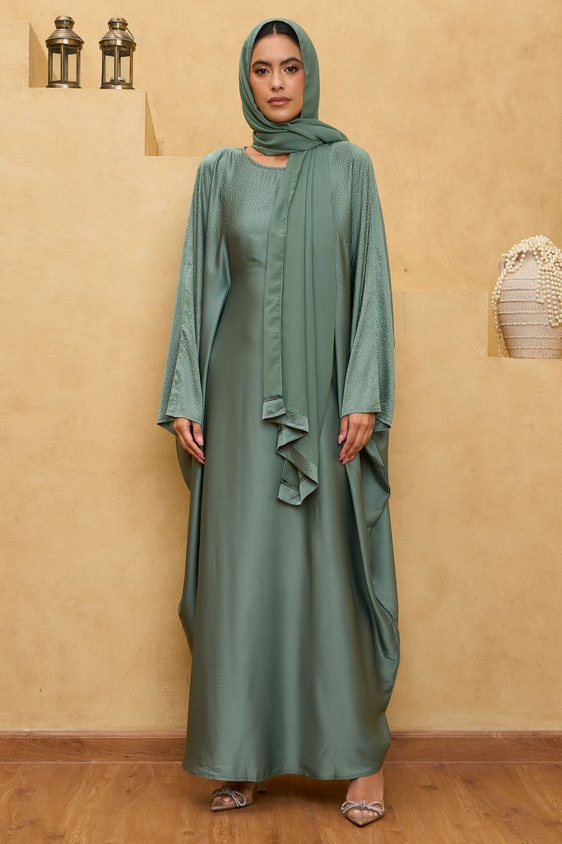 Green Embellished Satin Abaya Kaftan Dress with Sheila