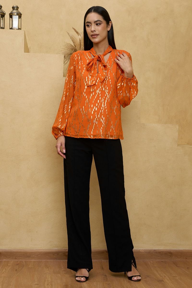 Rust with Golden Foil Weaved Neck Tie Up Blouse