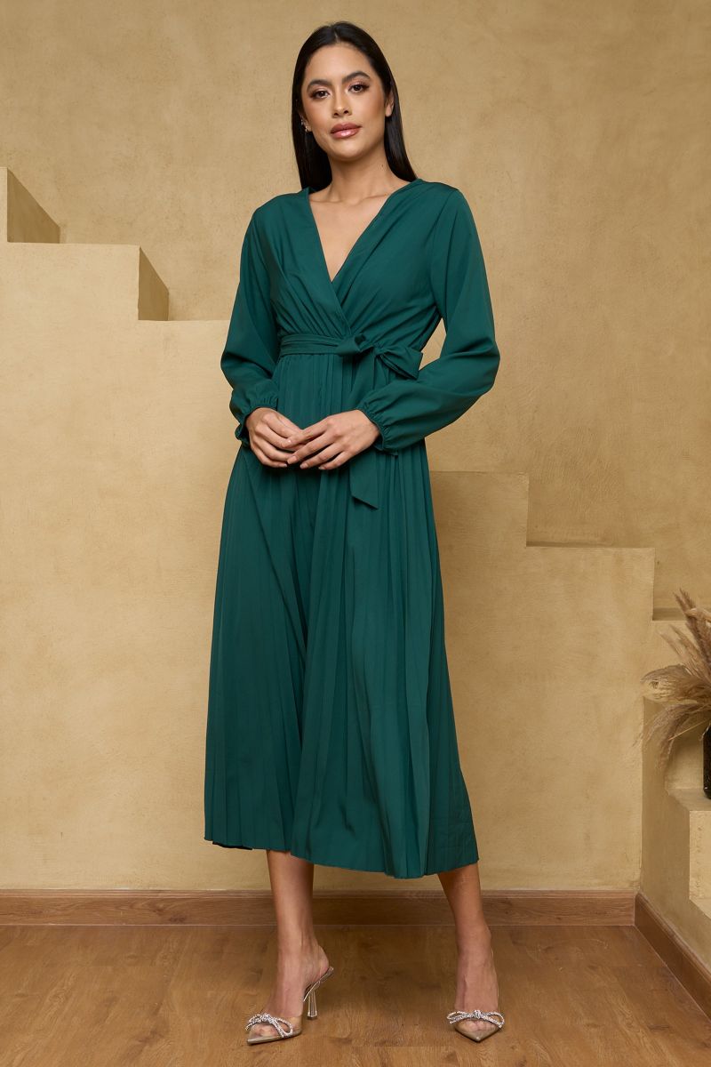 Green Pleated Midi Dress with Belt Detailing