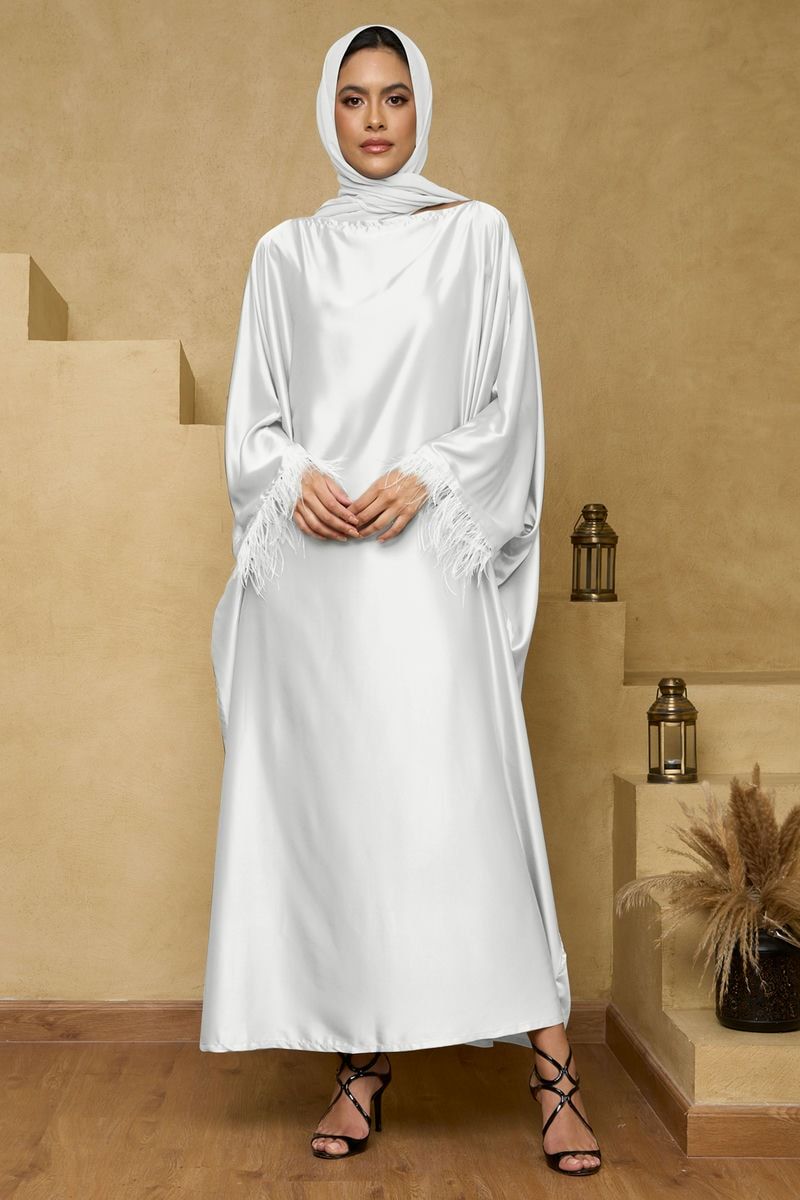Ivory Silk Satin Abaya with Feather Detail on Sleeve and Sheila