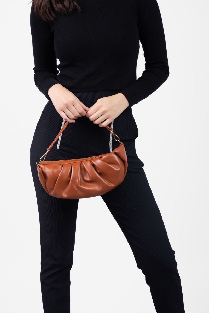 Brown Pleated Crescent Handbag