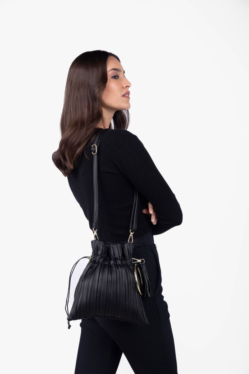 Black Pleated Drawstring Handbag