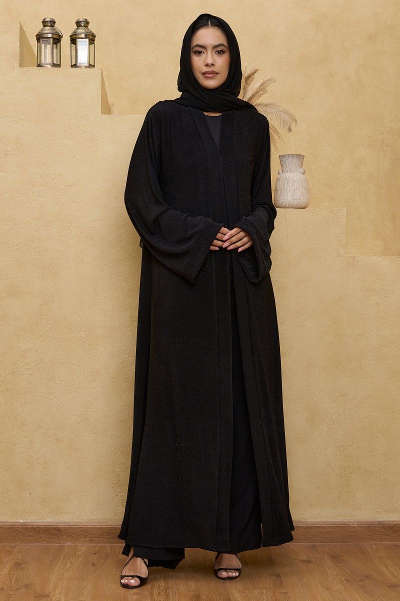 Black Full Sleeve Front Open Lurex Abaya with Sheila
