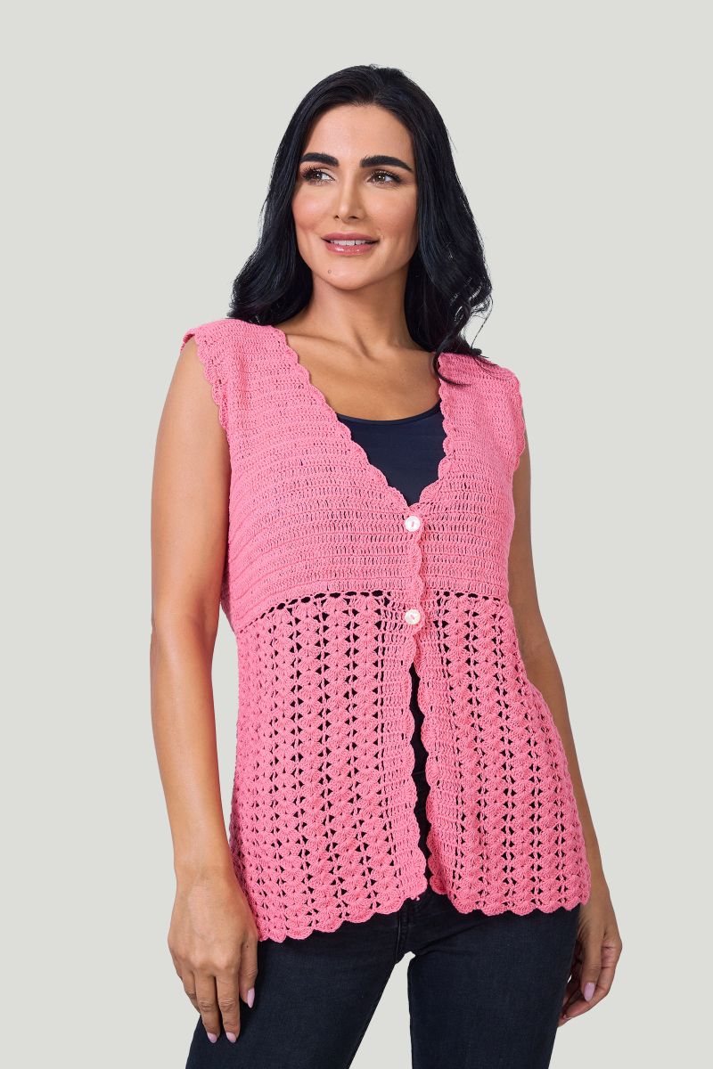 Pink Front Open Crochet Jacket With Scallop Detailing