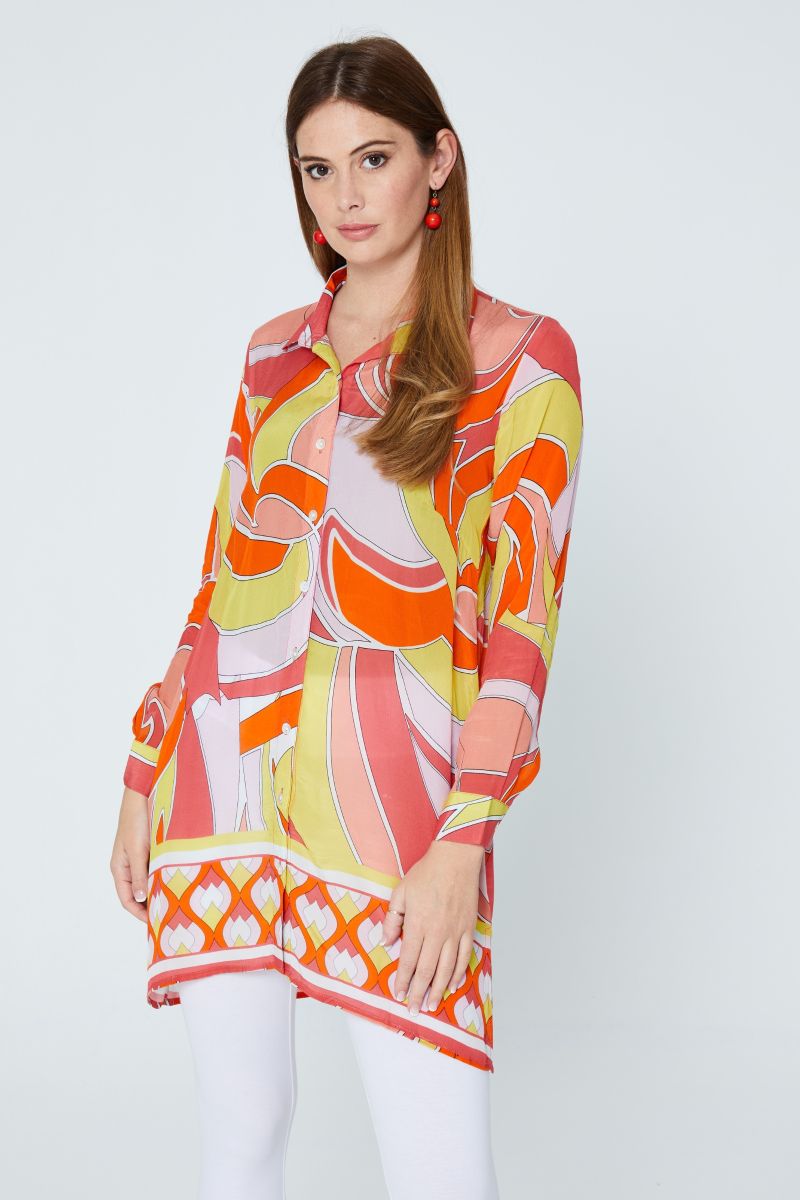 Orange Abstract Print Collared Tunic