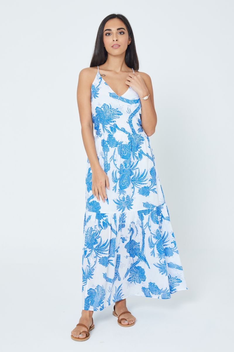 White Blue Printed Maxi Dress