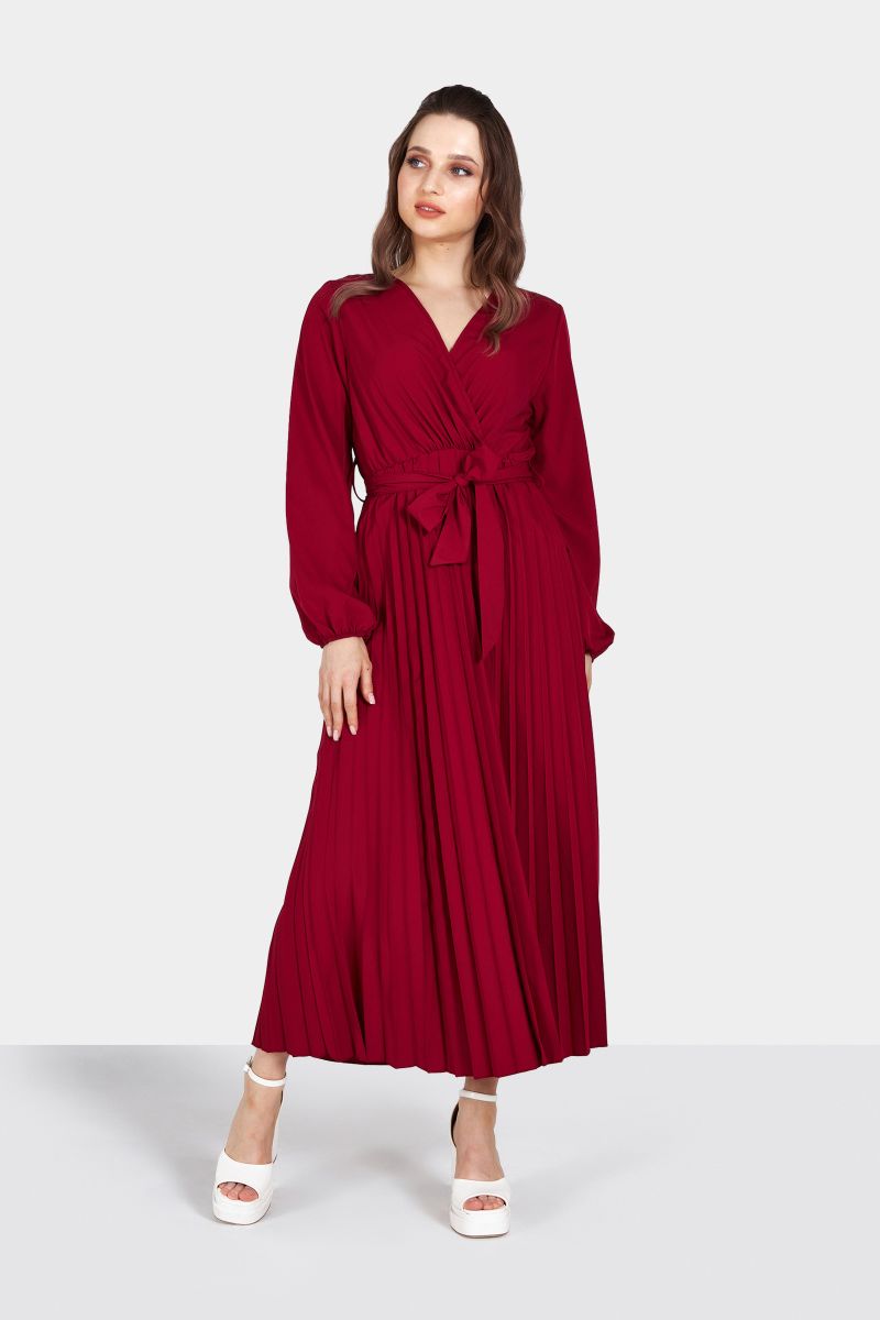 Red Long Sleeve Pleated Midi Dress with Belt