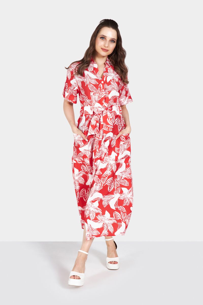 Red and White Printed Midi Dress with Belt and Pockets