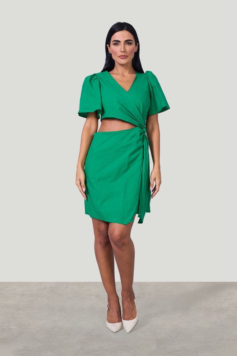 Green Cut-Out Short Dress With Puff Sleeves