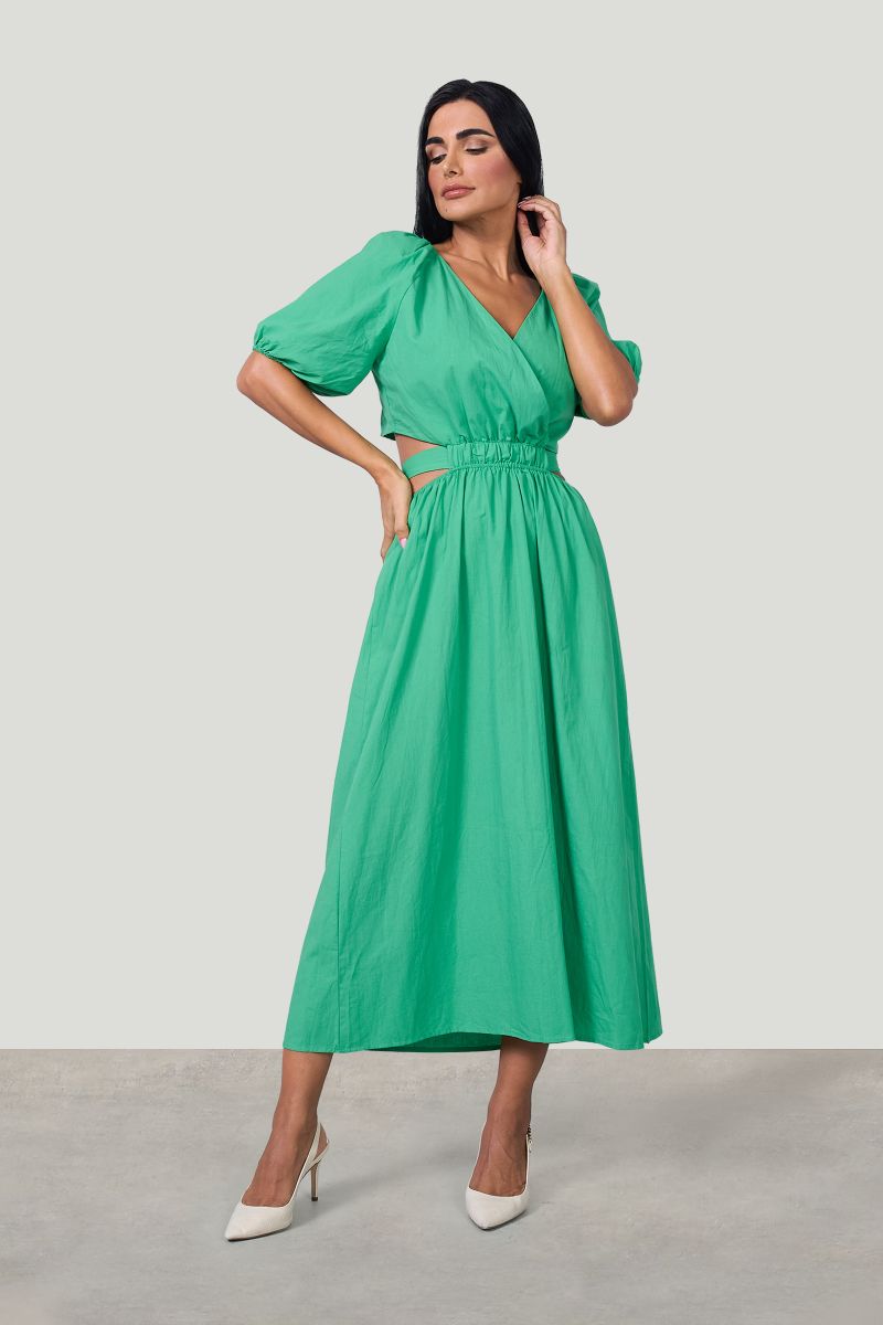Green Short Sleeve Cut-Out Midi Dress