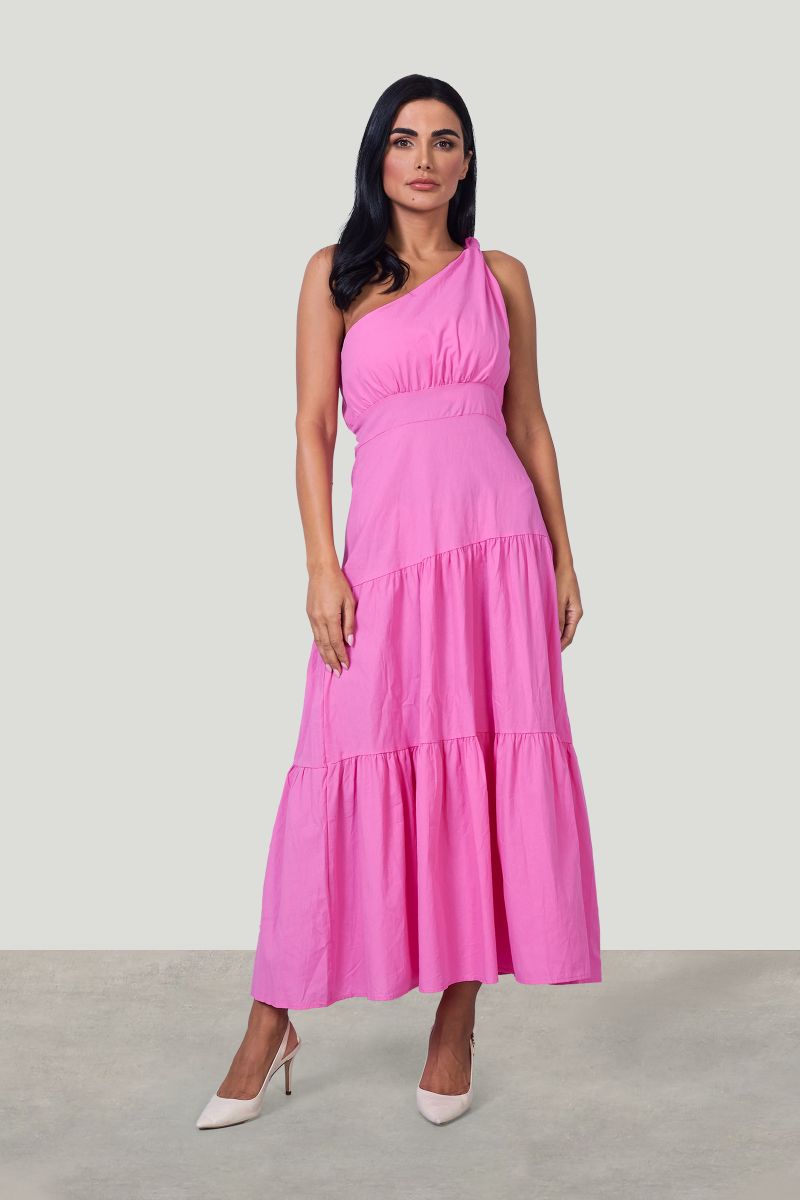 Pink One Shoulder Long Tiered Dress