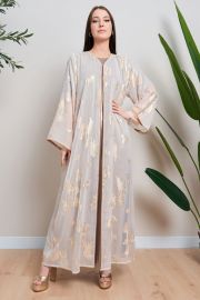 Beige and Golden Floral Foil Weaved Festive Abaya without Sheila