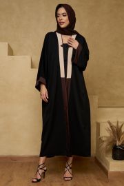 Black and  Beige Panelled Silk Abaya with Sheila