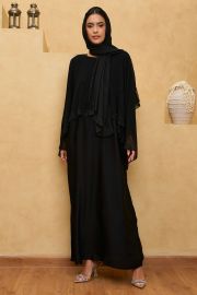 Black Cape Embellished Abaya Kaftan Dress with Sheila